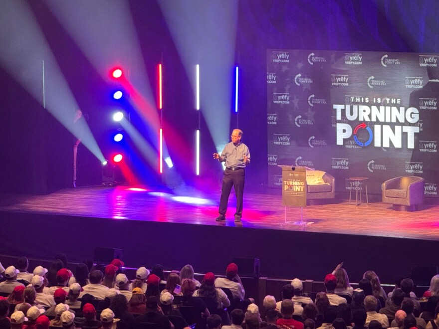 Gov. Mike Braun gives opening remarks at the Turning Point USA event at Indiana University in Bloomington on Oct. 21, 2025.