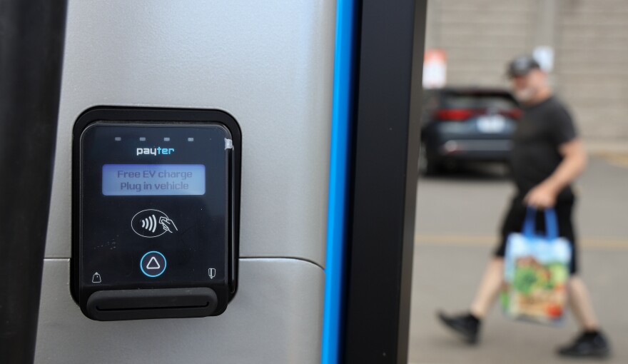 A close-up view of a newly-installed electric car charging station at the Pittsford Wegmans.