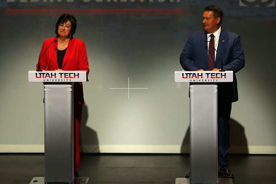 Mayor Michele Randall, left, and city councilor Jimmie Hughes, right, at the St. George mayoral debate held on the campus of Utah Tech University, Oct. 13, 2025.