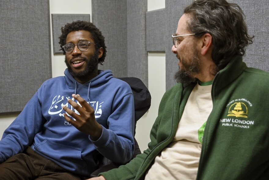 From left to right, Democratic Socialists of America Connecticut chapter members Abdul Osmanu of Hamden and Jeff Hart of New London discuss their wins on their respective municipal legislative seats at Connecticut Public's New Haven studio on 11/11, 2025. Osmanu and Hart say more people are interested in socialist messaging, even as the state DSA chapter is comparatively small at around 900 members.