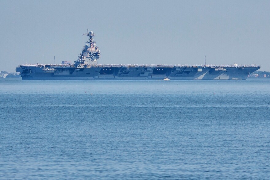 The USS Gerald R. Ford aircraft carrier leaves Naval Station Norfolk, June 23, 2025, in Norfolk, Va.