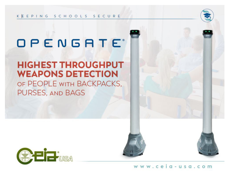 A promotional image from ceia-usa.com featuring the OpenGate weapons detection pillars.