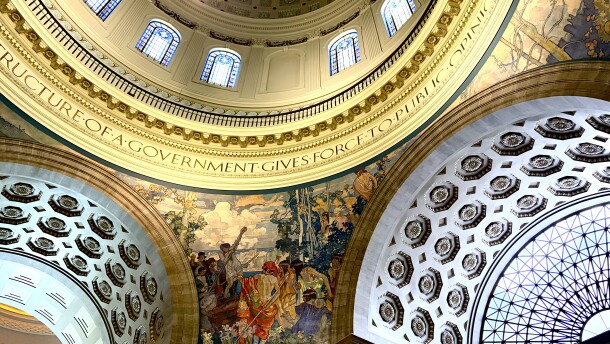 One of the murals on the ceiling of the rotunda of the Missouri State Capitol. 