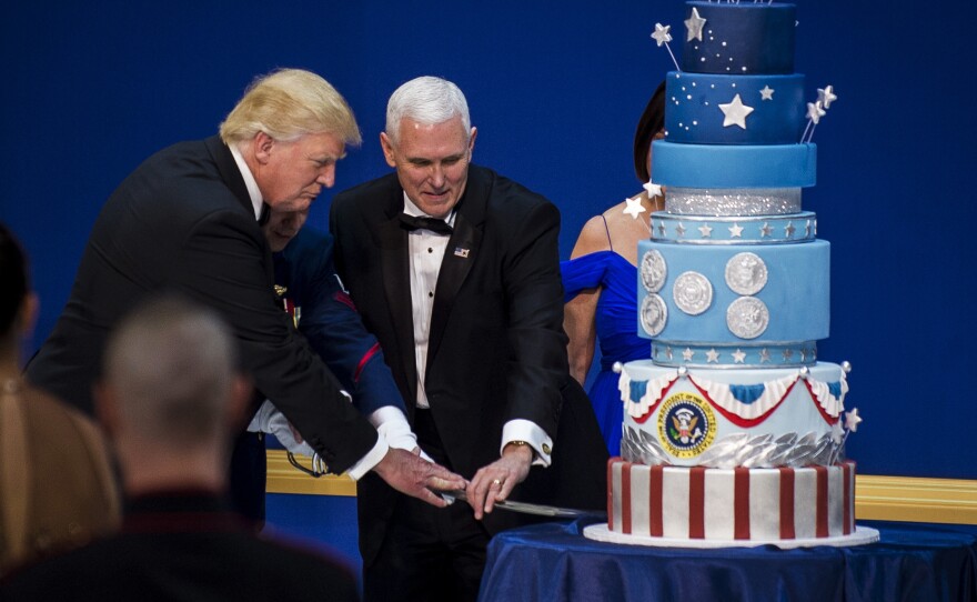 President Trump and Vice President Pence concluded the third ball of the evening by cutting a giant cake with a saber.