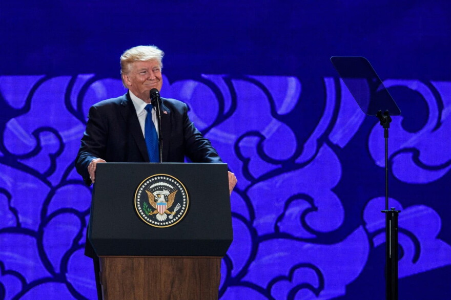 President Trump speaks on the final day of the APEC CEO Summit, part of the broader Asia-Pacific Economic Cooperation (APEC) leaders' summit, in the central Vietnamese city of Danang on Nov. 10, 2017. (Anthony Wallace/AFP/Getty Images)