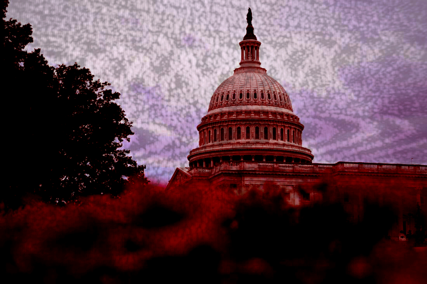 Image of the US capital with broken signal waves over it.