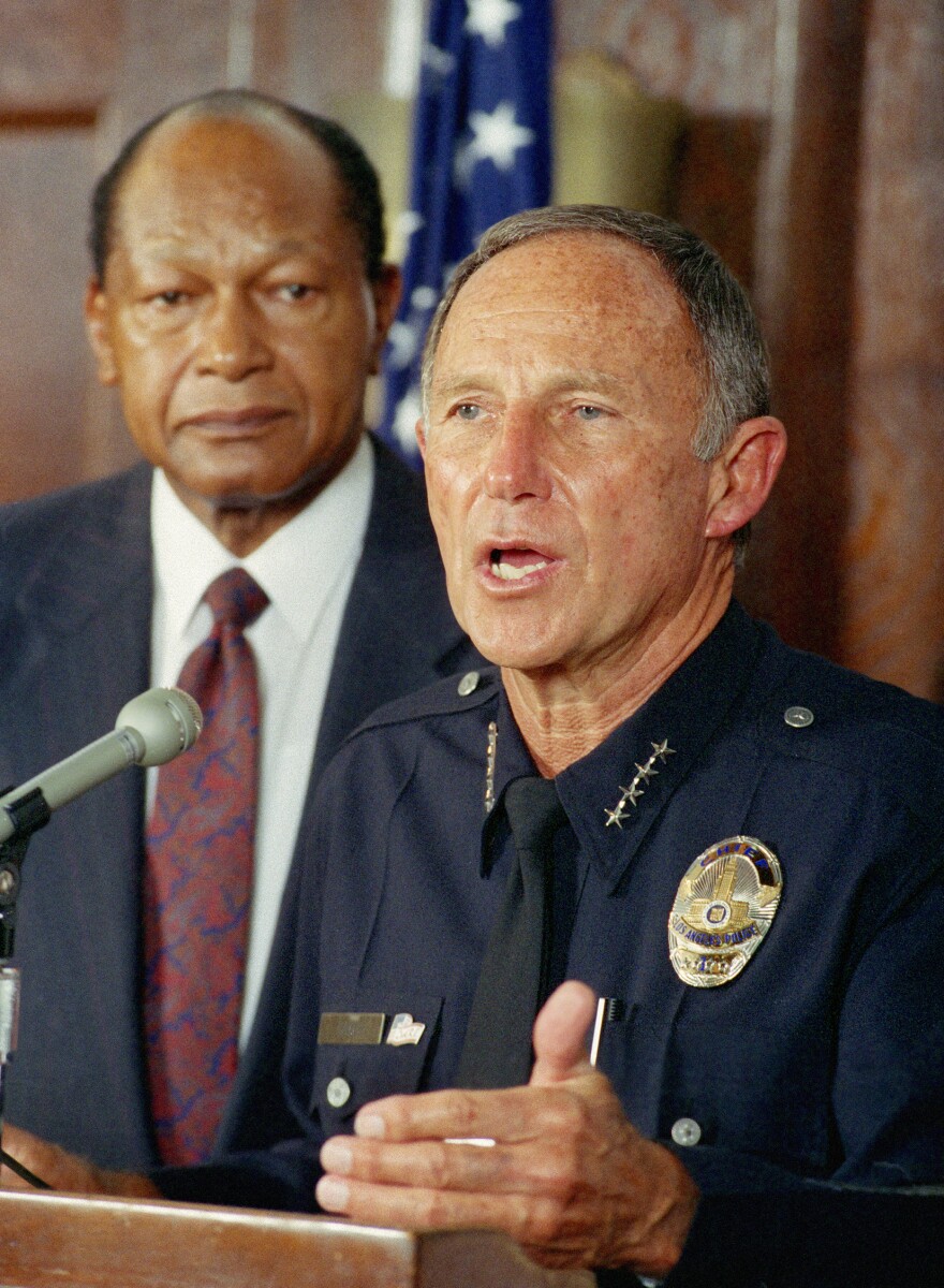 Los Angeles police chief Daryl Gates, along with Mayor Tom Bradley, answers questions about the violence that broke out on April 30, 1992.