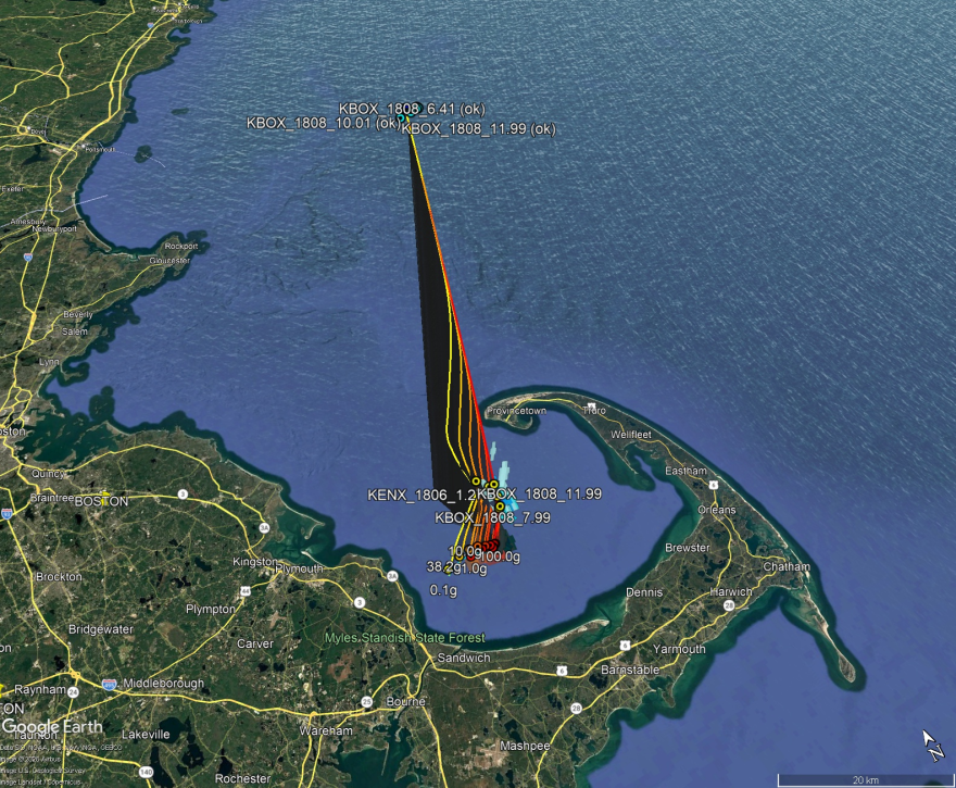 The colored vertical lines show flight paths for hypothetical meteorites of varying sizes that could have fallen into Cape Cod Bay after the meteor explosion on Saturday.