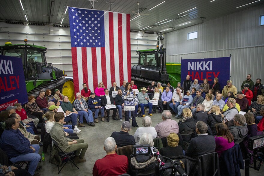 Former U.N. Ambassador and South Carolina Governor Nikki Haley speaks to a crowd at a farm in Nevada, Iowa, on March 9, 2023, during her second trip to Iowa as a Republican presidential candidate.