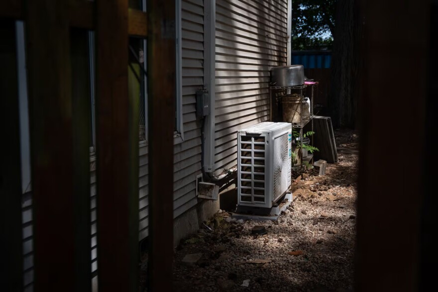 A heat pump runs in Gloria Contreras’ backyard at her Portland, Ore., home on June 23, 2026, when temperatures are expected to climb as high as 95 degrees.