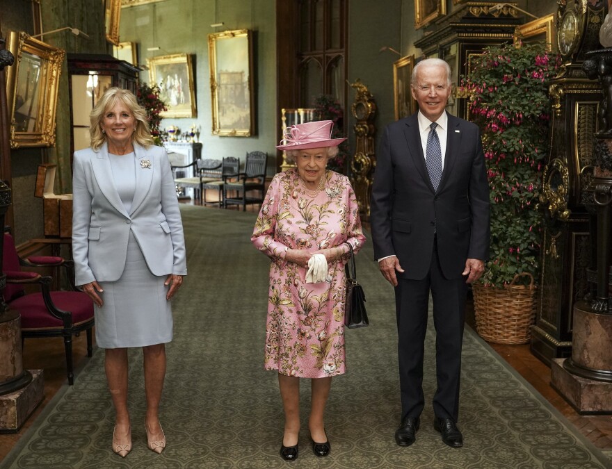 <strong>June 13, 2021: </strong> Queen Elizabeth II (center) with President Joe Biden and First Lady Jill Biden in the Grand Corridor during their visit to Windsor Castle in Windsor, England.