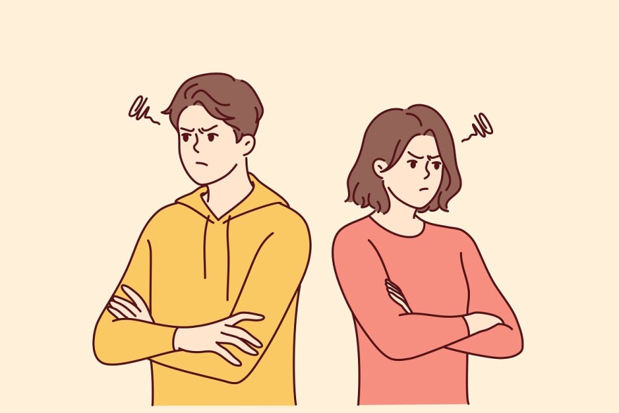 a drawing of a man and woman standing with their backs to each other looking angry