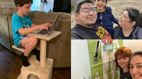 Clockwise from left: Rowan Bingaman takes a break from his kid-sized desk to sit in a cat tower; Alex, Gaby and Liam Garcia; Scout Stern helps her daughter Cora with an anatomy activity.