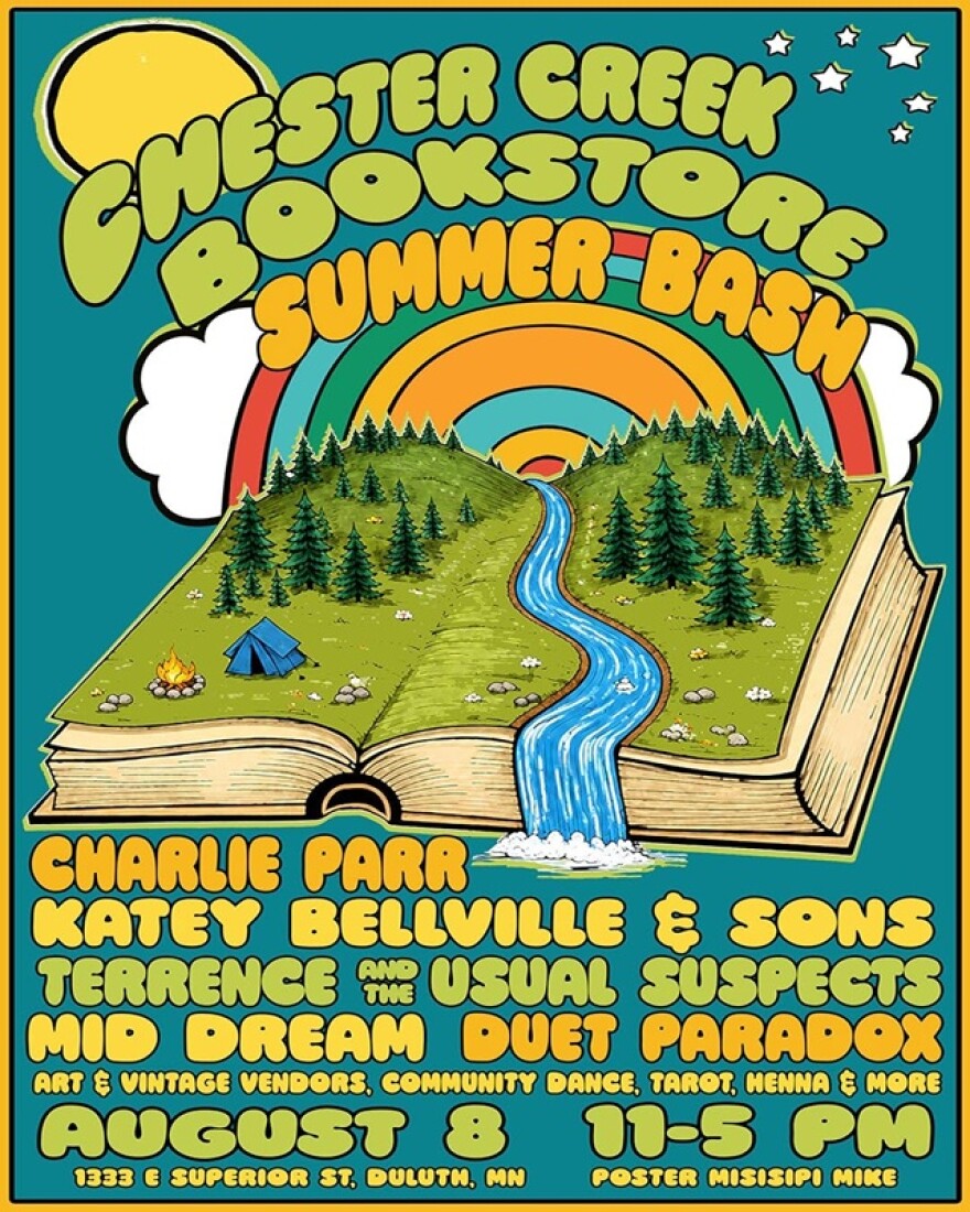 Poster for Chester Creek Bookstore Summer Bash; illustration of an open book revealing a forest and camping landscape