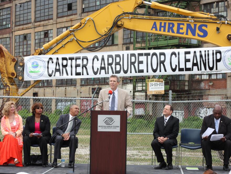 EPA Regional Administrator Karl Brooks (at podium) speaks at the Carter Carburetor Superfund site on N. Grand Ave. in St. Louis on July 29, 2013.