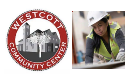 Blue and white image reades, "Syracuse build, first source hiring, supported by Centerstate." A photo to the right shows a woman in a white hard hat and yellow vest looking over construction plans.