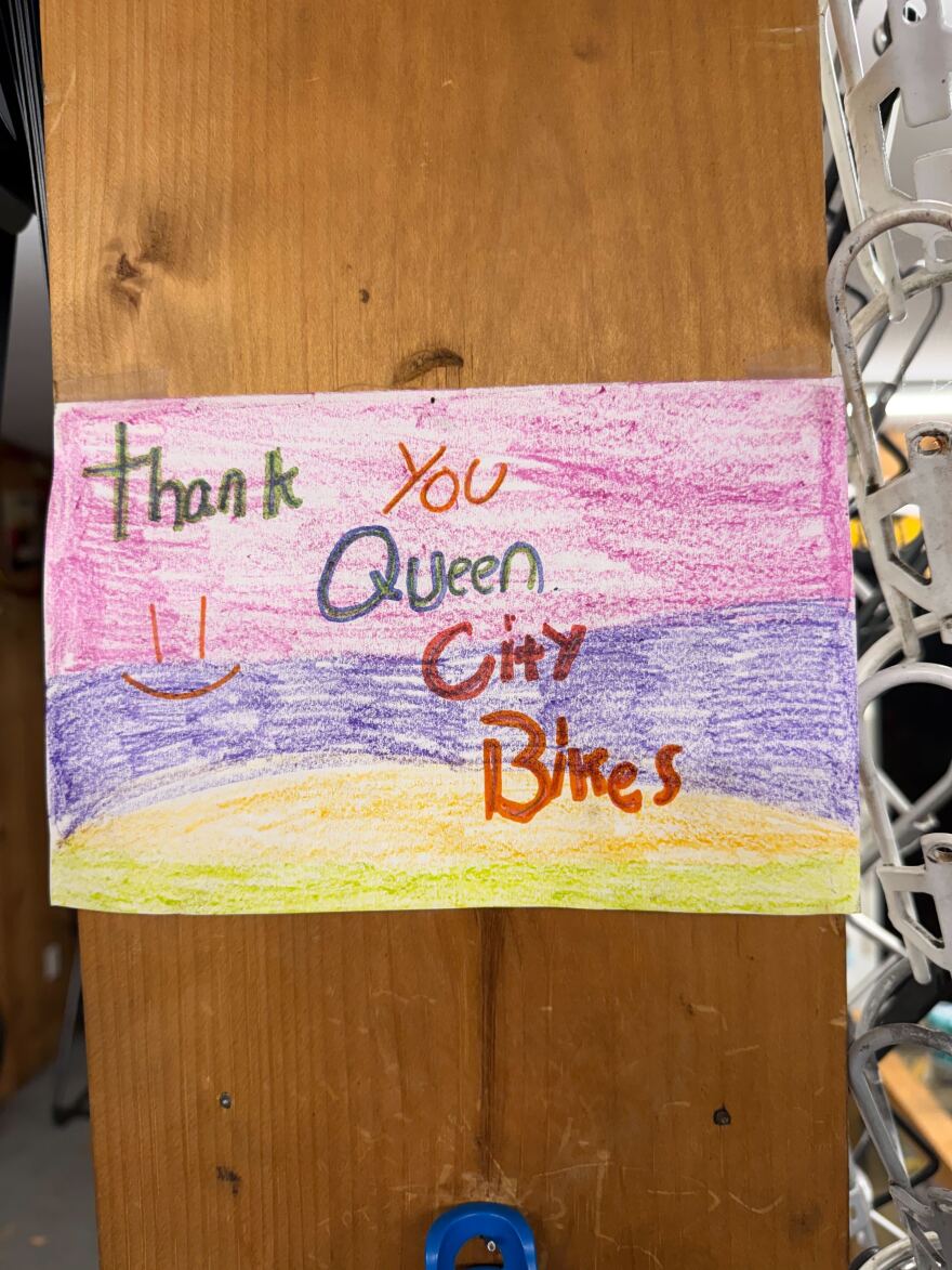 One of several thank you notes given to Queen City Bicycle Collective.