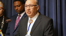 Joseph “Zeke” Rupnick, tribal chairman of the Prairie Band Potawatomi Nation, speaks at a news conference at the Illinois Capitol in February.
