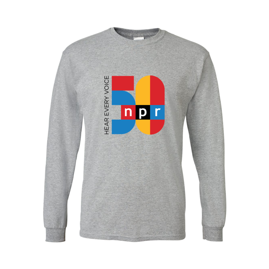 Gray long-sleeved shirt featuring the NPR 50th anniversary logo