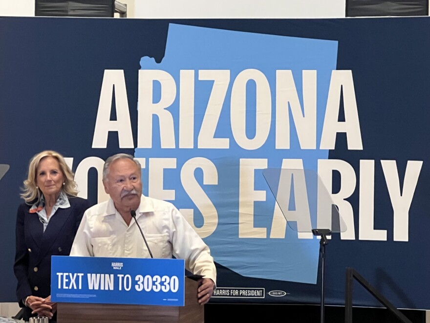Arturo Rodriguez of the United Farm Workers recalls visiting Yuma with Cesar Chavez. “Yuma is on the map again!” he said. With him is First Lady Dr. Jill Biden in support of Vice President Kamala Harris.