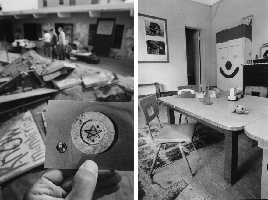 Left: May 27, 1990 — A plate bearing a pentagram that was found at the McMartin Pre-School. Parents said it could be part of a satanic ritual. Right: April 19, 1989 — Room B at the McMartin Pre-School in Manhattan Beach, Calif.