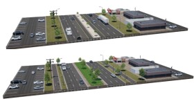 The top view shows the existing Veterans Parkway configuration with six lanes. One of the alternate designs in the draft plan is seen below, also with six lanes — but with shared-use paths on the sides and a larger median.