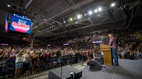 Graham Platner speaks to a crowd of over 6,000 at a "Fighting Oligarchy" rally at the Cross Insurance Arena in Portland on Labor Day, Monday, Sept. 1, 2025.