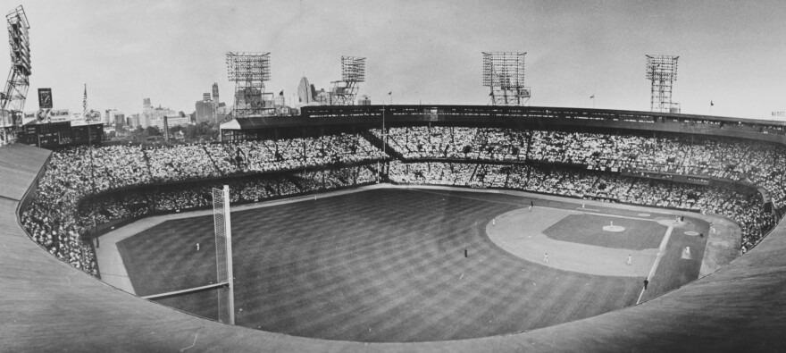 A black and white photo of Tiger Stadium with the stands full