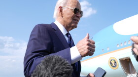 President Joe Biden speaks with reporters at Andrews Air Force Base, Md., Monday, July 15, 2024. as he heads to Las Vegas.