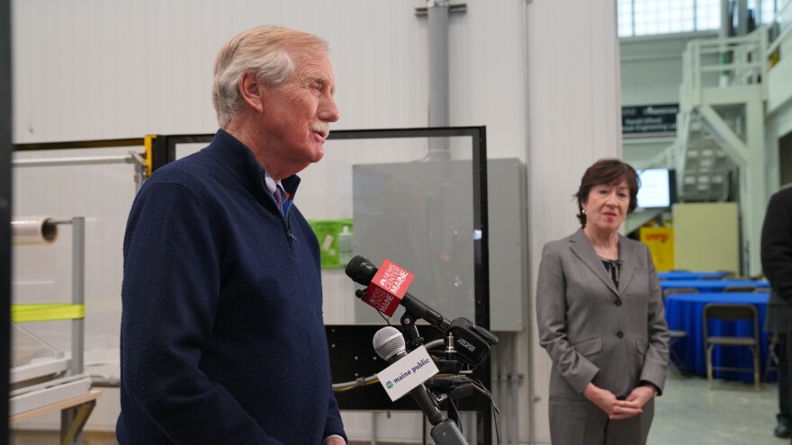 Sen. Angus King speaks to reporters on Friday, Feb. 25, 2022 alongside Sen. Susan Collins at the University of Maine Composites Center about Russia's invasion of Ukraine.