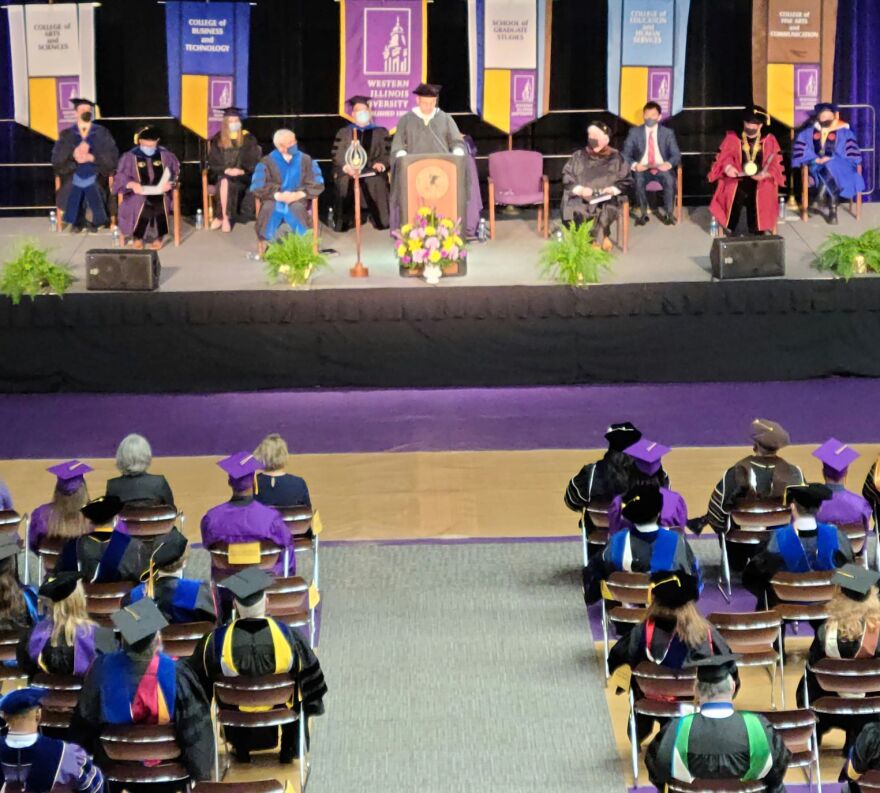 WIU Board of Trustees Chairperson Doug Shaw addressing the audience early in the ceremony.