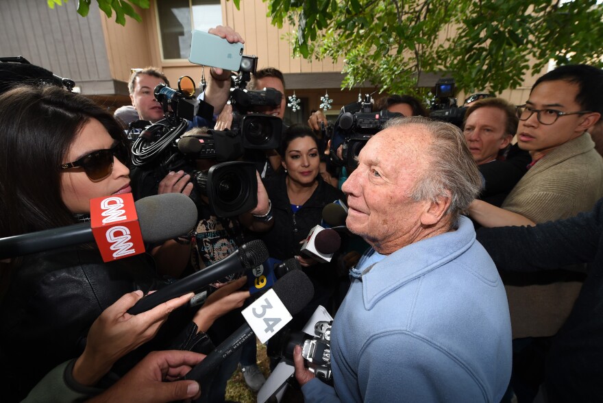 Property landlord Doyle Miller speaks to members of the media outside Farook and Malik's home.