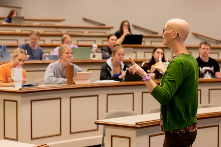 Professor Nichole Jackson lectures about heart disease in front of nursing students at Oklahoma State University.