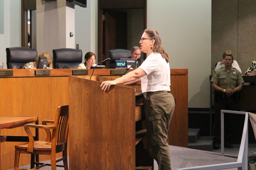 Ladue resident Susan Clark speaks during Tuesday night's St. Louis County Council meeting.