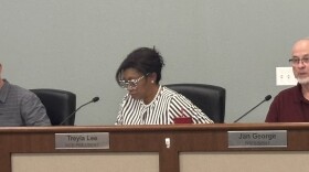 Sioux City School Board members Bobby Michaelson, Treyla Lee and Jan George are shown in a meeting on September 22, 2025. (Bret Hayworth, Siouxland Public Media News)