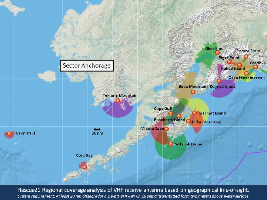 VHF coverage areas around Kodiak. Areas covered by Cape Gull and Raspberry Island are experiencing outages.
