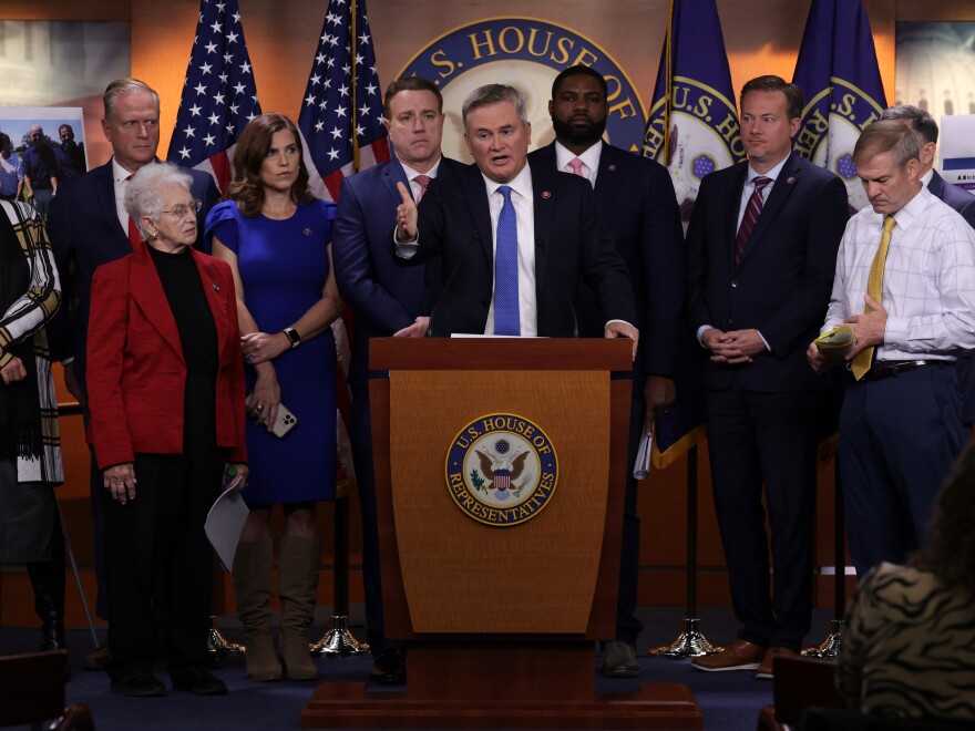 Kentucky GOP Rep. James Comer and other House Republicans speak at the U.S. Capitol in November. This week, Republicans are holding their first hearings as part of investigations into the Biden administration.