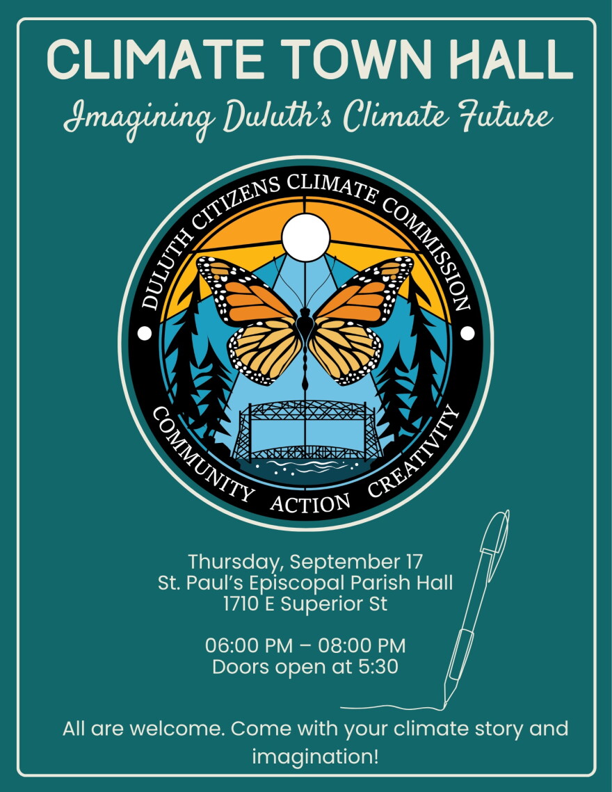 Poster for a town hall about imagining Duluth's climate future; a seal with a monarch butterfly against a pine green background