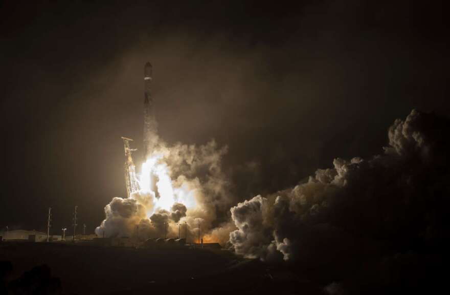 The SpaceX Falcon 9 rocket launches with the Double Asteroid Redirection Test, or DART, spacecraft onboard, Tuesday, Nov. 23, 2021, Pacific time (Nov. 24 Eastern time) from Space Launch Complex 4E at Vandenberg Space Force Base in California. DART is the world’s first full-scale planetary defense test, demonstrating one method of asteroid deflection technology. The mission was built and is managed by Johns Hopkins APL for NASA’s Planetary Defense Coordination Office. Photo Credit: (NASA/Bill Ingalls)