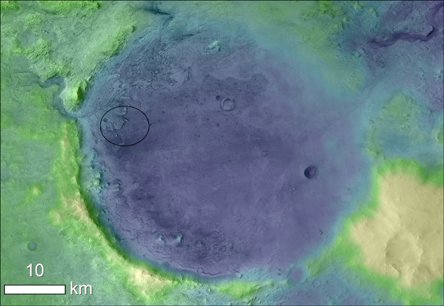 Lighter colors represent higher elevation in this image of Jezero crater on Mars, the landing site for NASA's Mars 2020 mission. The circle represents where the Perseverance rover was expected to land.