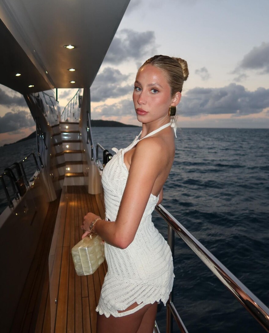 Influencer Alix Earle poses on the yacht her family charted for Easter vacation in the Virgin Islands last month.