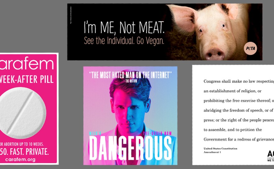 The lawsuit says WMATA rejected advertisements from PETA (counterclockwise from top), Carafem, Milo Yiannoloulos and the ACLU.