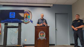 Lansing Police Chief Robert Backus speaks during a press conference in Lansing, Mich., on Oct. 1, 2026.