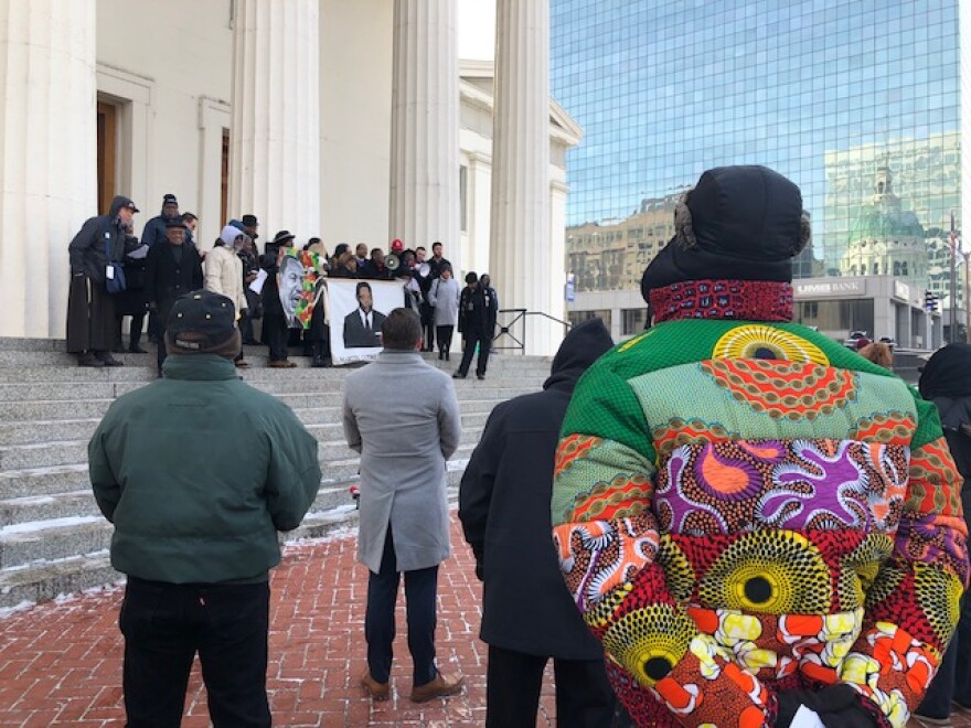Locked out of the the Old Courthouse in St. Louis, leaders and citizens took part in an improvised King Day ceremony outside.