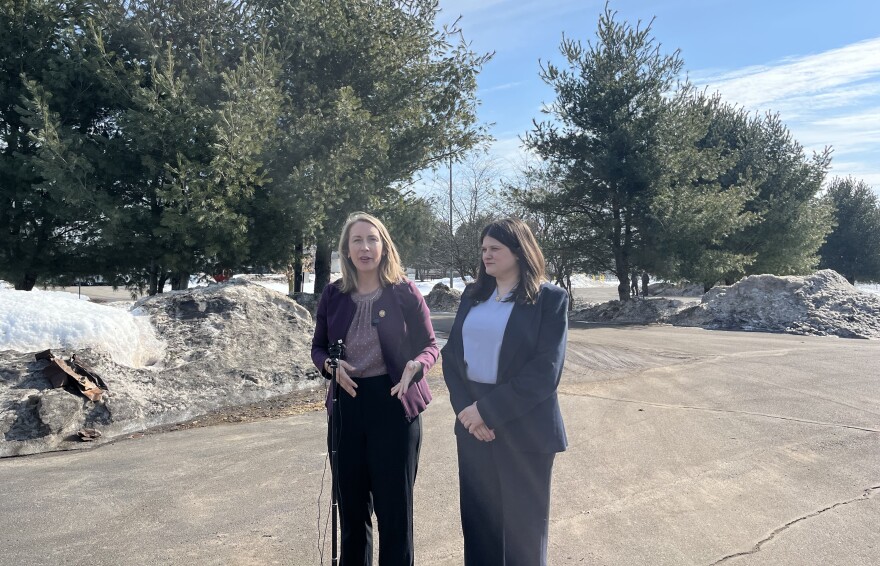 U.S. Reps. Hillary Scholten (D-Birmingham) and Haley Stevens (D-Grand Rapids) speak in a parking lot of North Lake Processing Center, an ICE detention center with 1,500 detainees, after touring the facility on Tuesday, February 17. (Photo: Claire Keenan-Kurgan/IPR News)