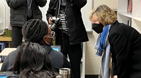 American Federation of Teachers’ Randi Weingarten chats with a Schenectady High School student in the classroom.