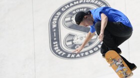 Jake Ilardi of the United States competes in the Street Skateboarding World Championships finals, a qualifying event for Tokyo Olympic Games, in Rome on June 6, 2021. (Alessandra Tarantino/AP)