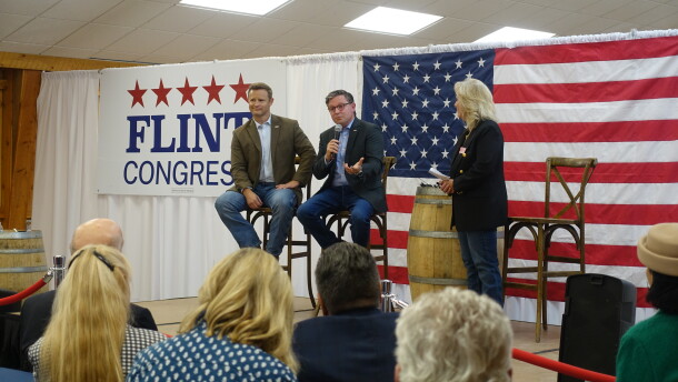 Aaron Flint and Mike Johnson at a private luncheon campaign event.