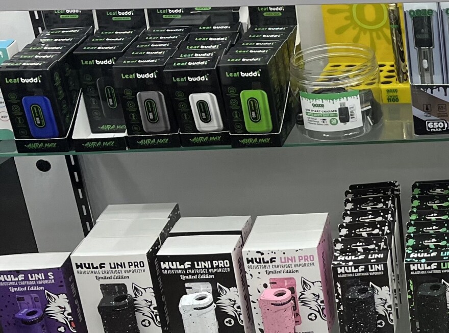 Vapes for THC and other cannabinoids line the glass cases at Mary Jane CBD on San Antonio's Far West Side.