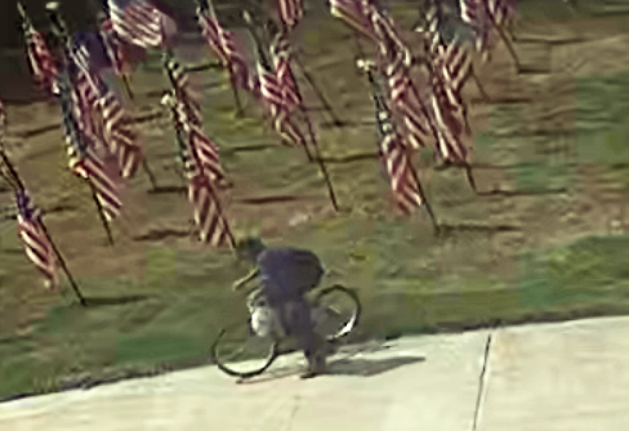 This surveillance photo screenshot released by Luzerne County officials shows a person believed to be involved in the theft of flags from a patriotic display on the south lawn of the county courthouse earier this month.